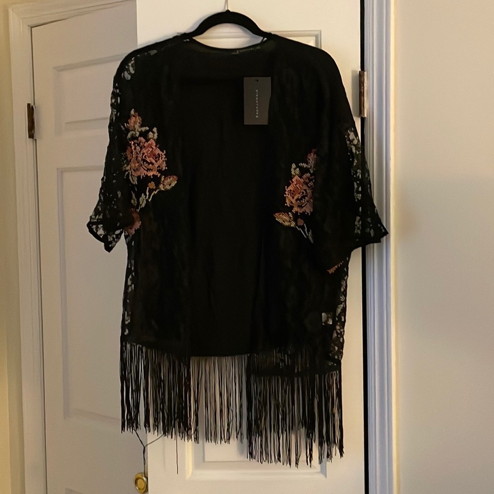 Black lace embroidered kimono with fringe - BNWT